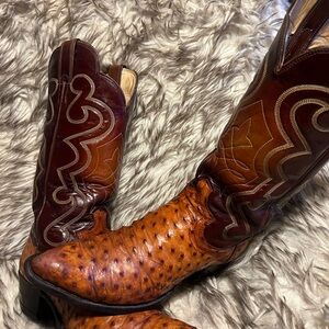 Justin Men Ostrich & Leather Cowboy western Boots-cognac-Sz 8 D